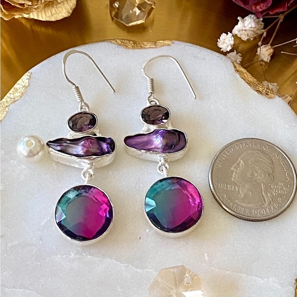 Bicolor Tourmaline, Biwa Pearl And Amethyst Earrings - Picture 8 of 9